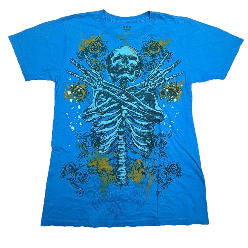 No Boundaries Skull Skeleton Graphic T-Shirt Blue Y2K Style Men's Small